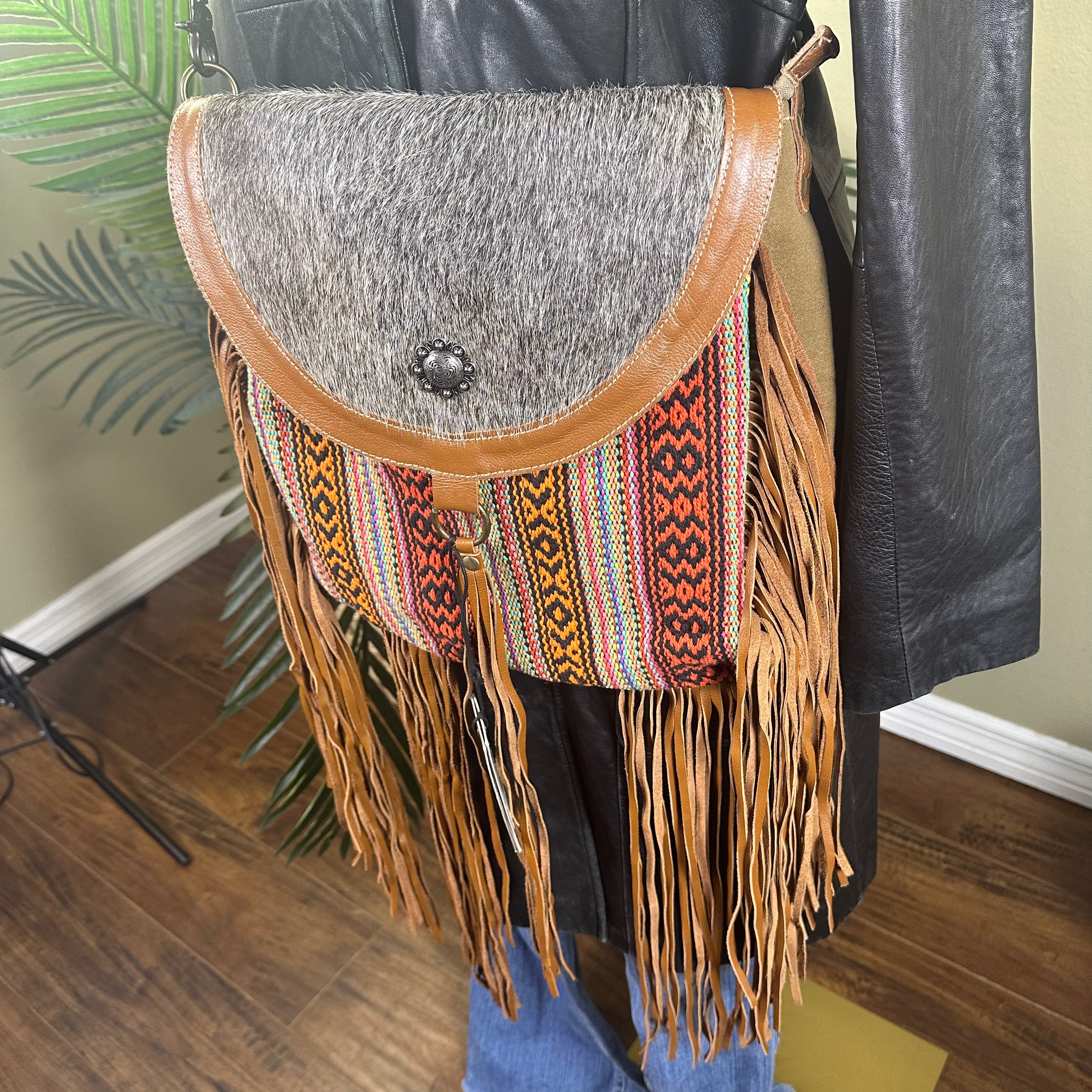 Myra Bag NEW Brilliance Crossbody Hair Hide Leather Canvas Fringe messenger Bag