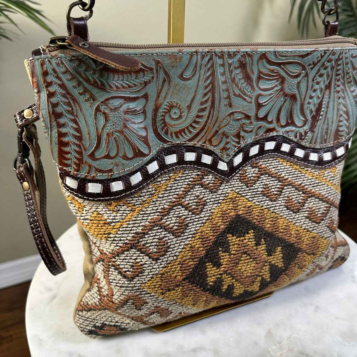 Myra Bag Pre-Owned Tooled Leather Turquoise Aztec Boho Western Design