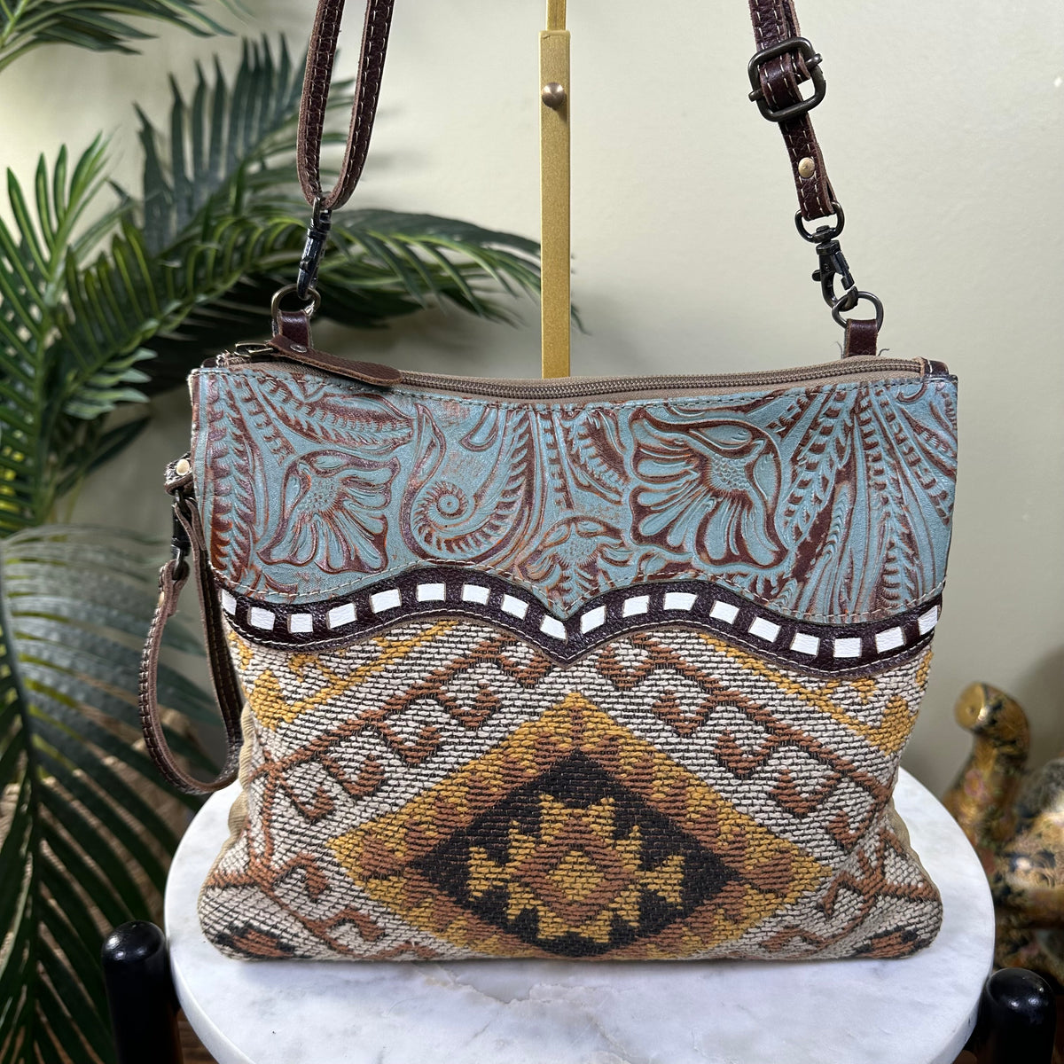 Myra Bag Pre-Owned Tooled Leather Turquoise Aztec Boho Western Design