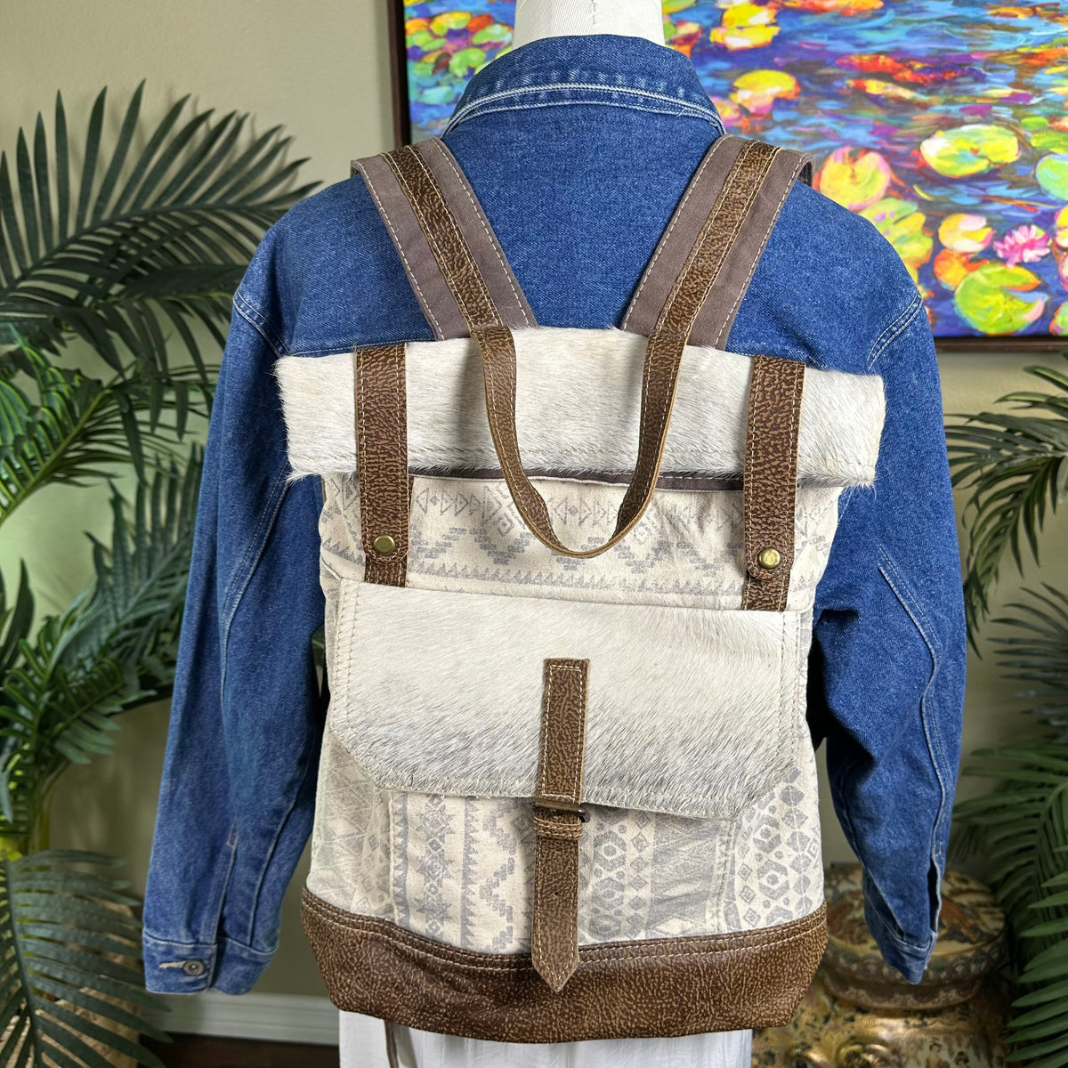 Myra Bag Pre-owned Perfect Backpack Hair on Hide, Leather, Canvas Fold over zipper top -