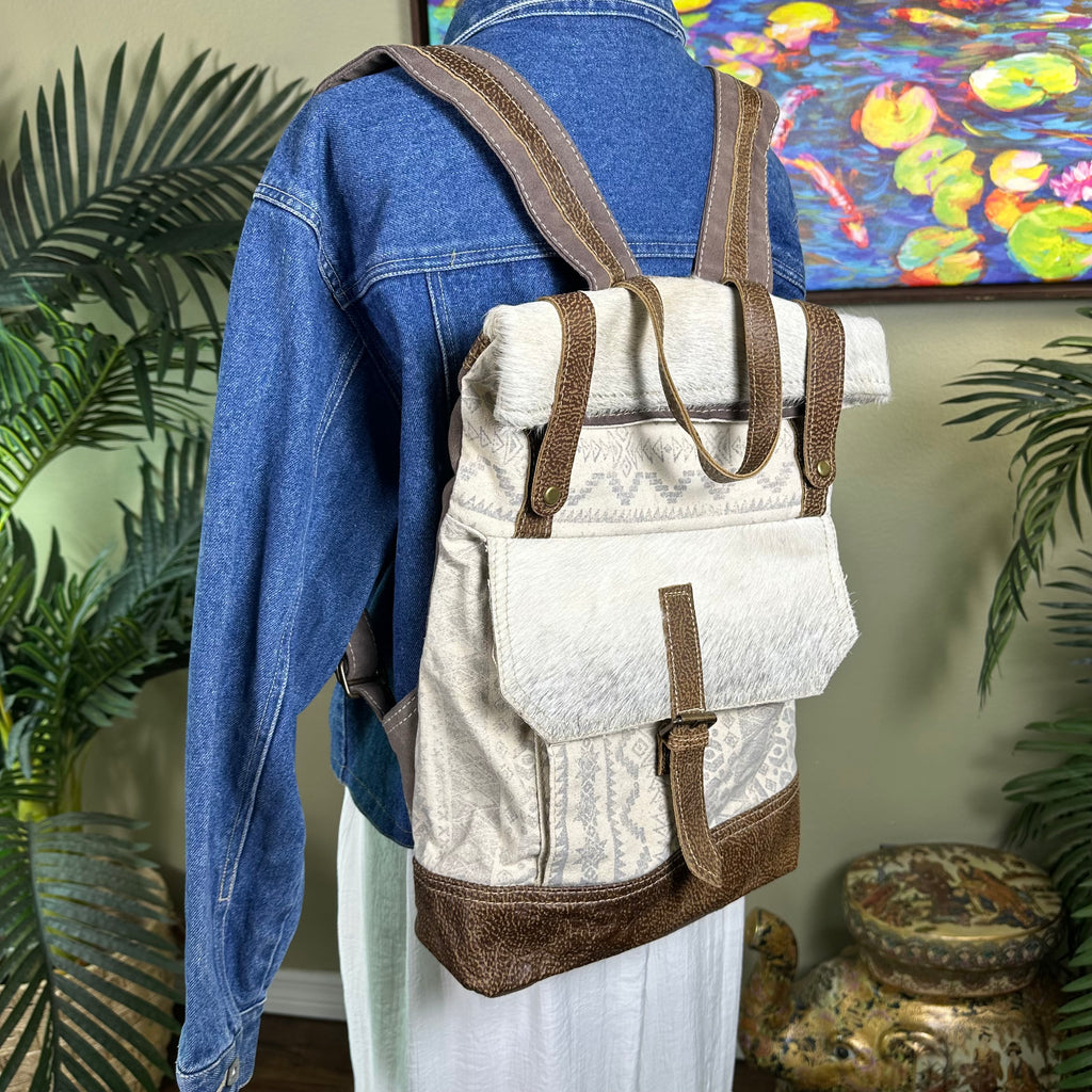 Myra Bag Pre-owned Perfect Backpack Hair on Hide, Leather, Canvas Fold over zipper top -