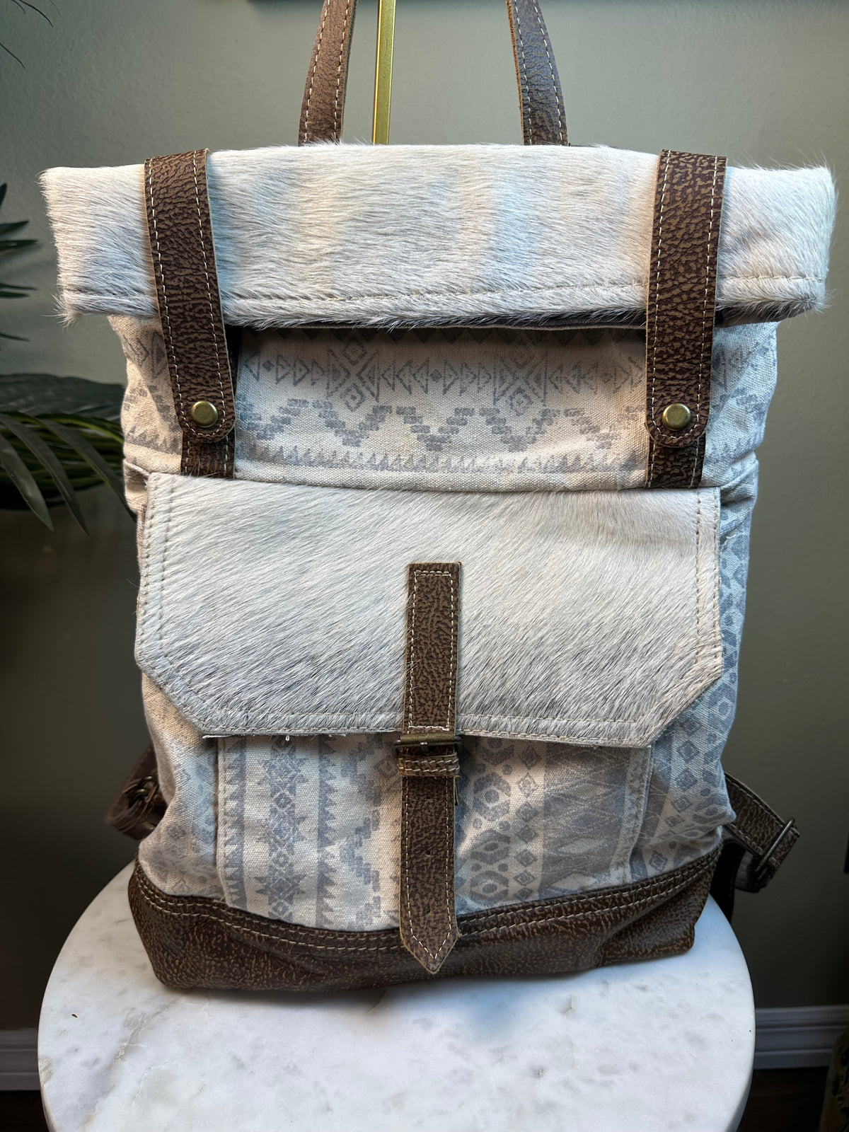 Myra Bag Pre-owned Perfect Backpack Hair on Hide, Leather, Canvas Fold over zipper top -
