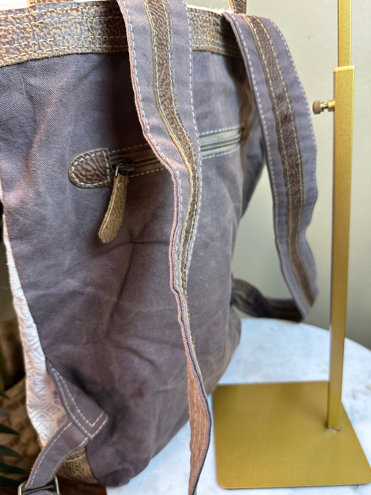 Myra Bag Pre-owned Perfect Backpack Hair on Hide, Leather, Canvas Fold over zipper top -