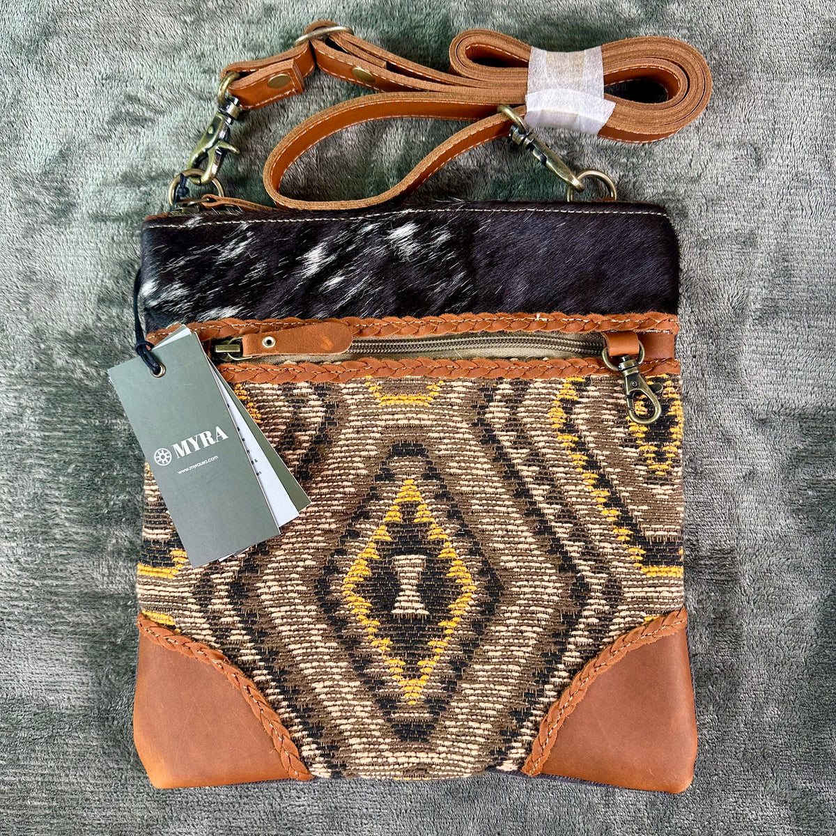 Myra Bag NEW Stone  crossbody Hair Hide Leather Canvas Woven Boho Western
