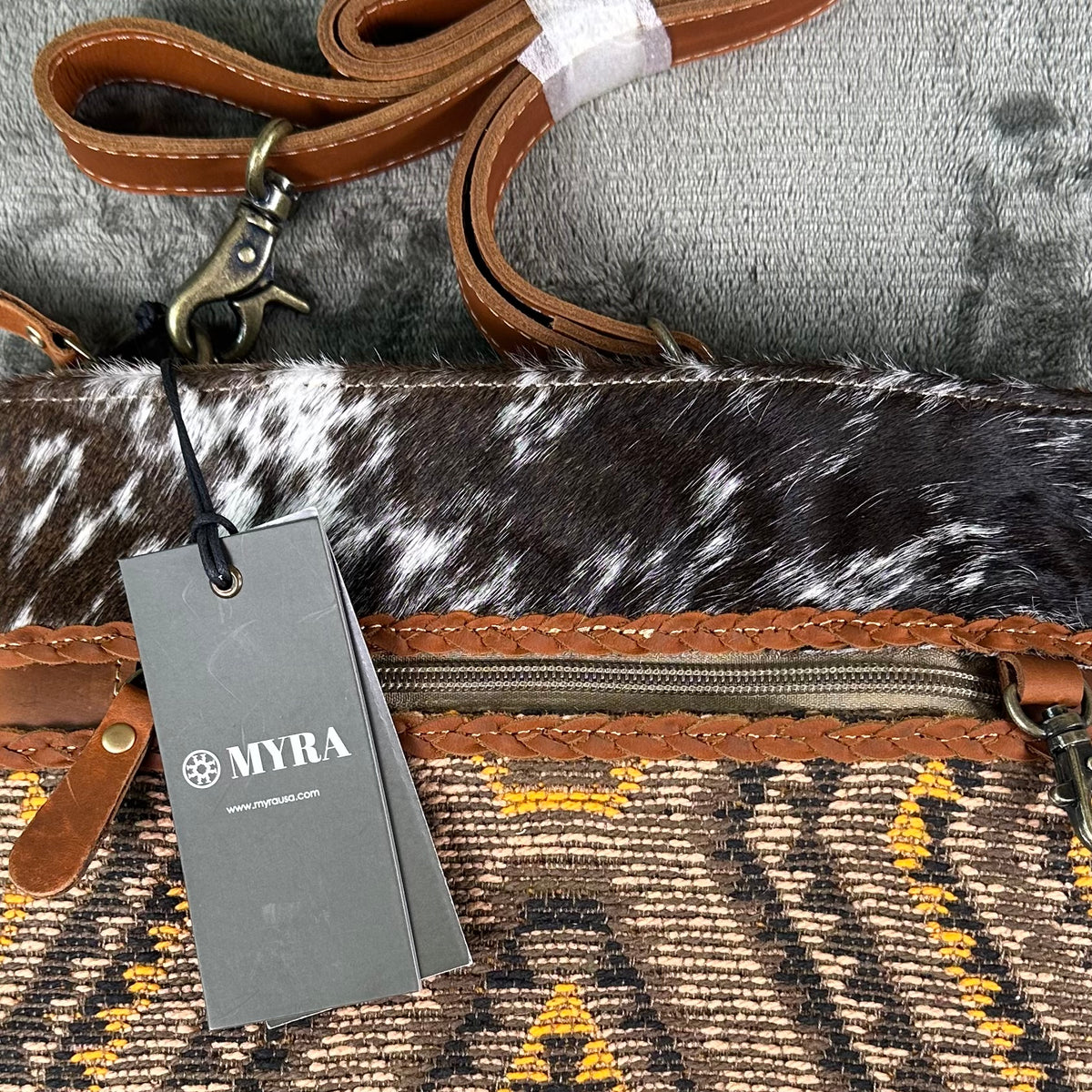 Myra Bag NEW Stone  crossbody Hair Hide Leather Canvas Woven Boho Western